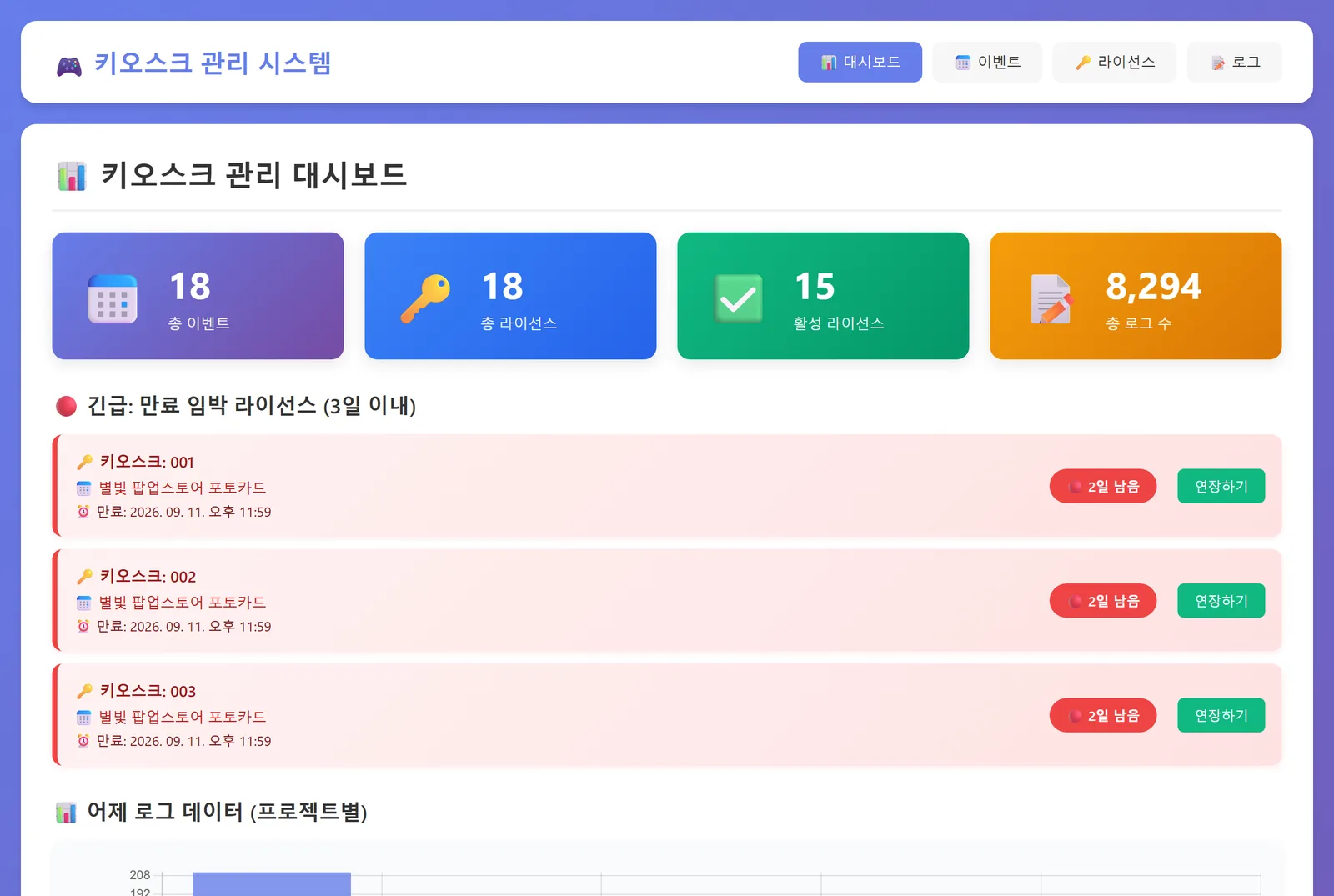 대시보드 — 이벤트·라이선스·활성·로그 통계와 만료 임박 3건
