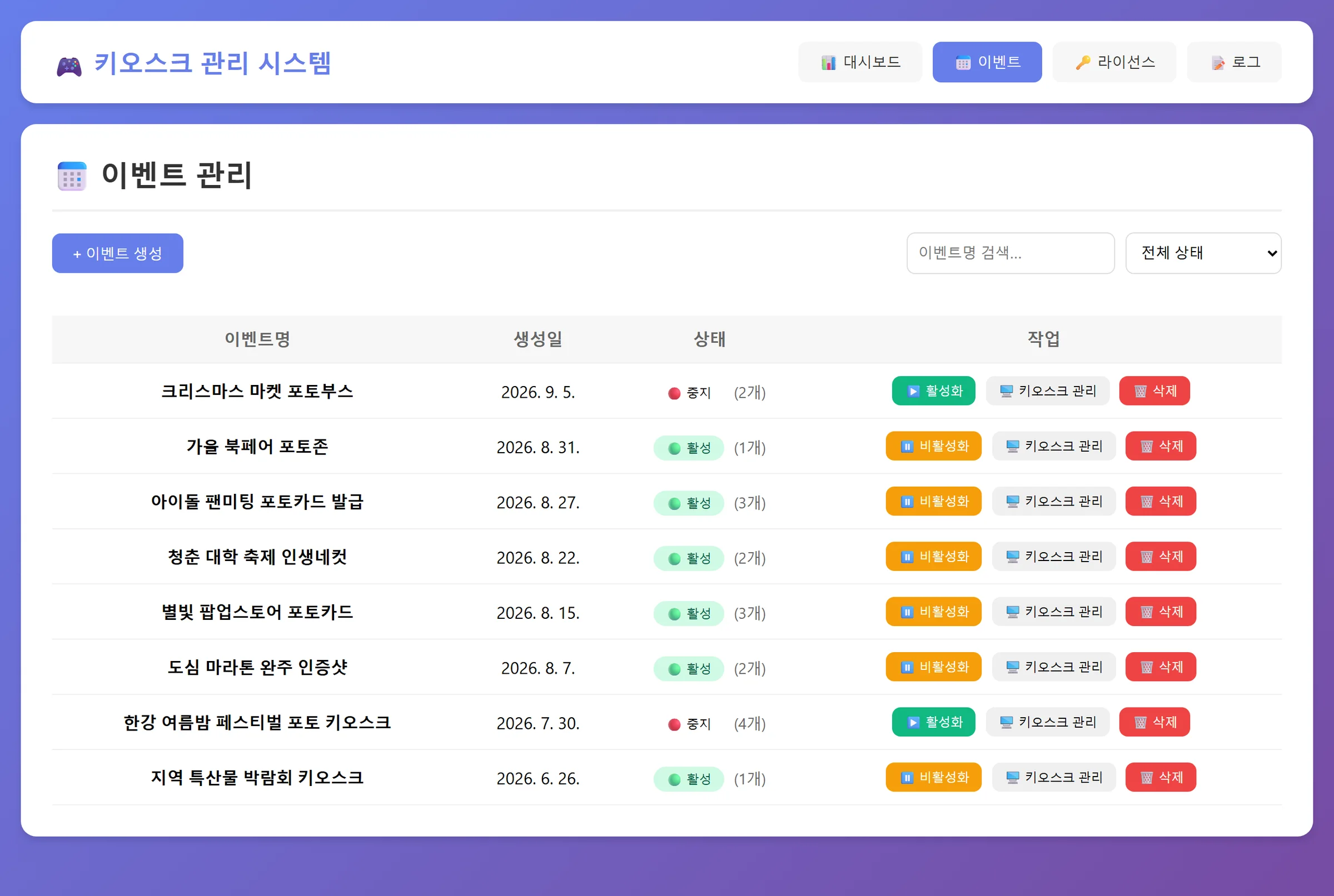 이벤트 목록 — 활성/중지 배지, 키오스크 대수, 활성화·관리·삭제