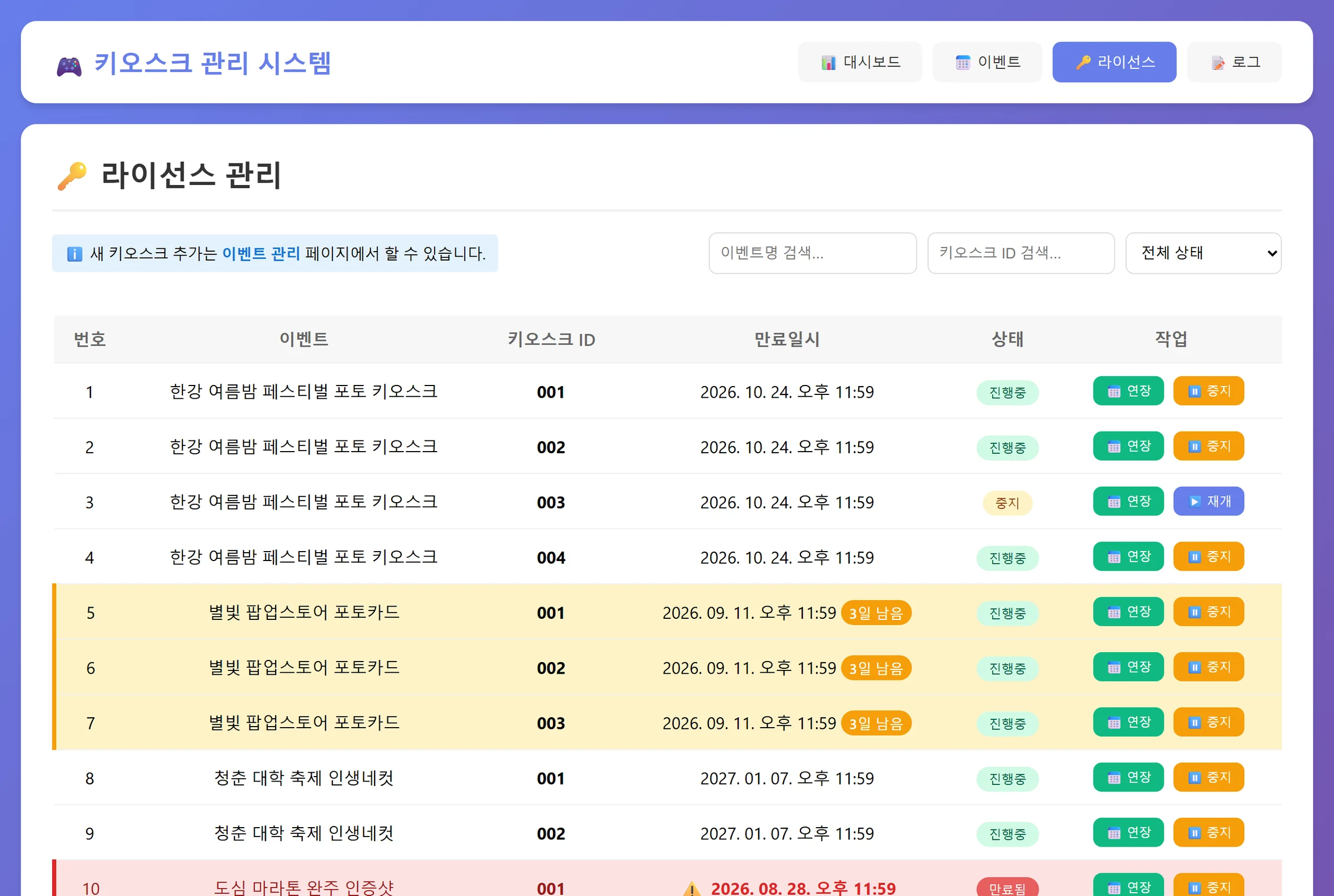 라이선스 — 진행 중·중지·만료 상태와 7일 이내 만료 강조, 연장·중지·재개