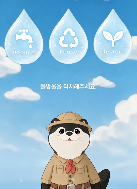 대기 화면 — 물방울 3개가 떠 있고 터치를 기다린다